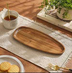 Oval Acacia Wood Serving Tray Polished Modern Design Multifunction for Table Use <b>Drink</b> Food Storage Single Tier - Product Image 1