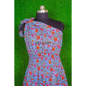 Nuevo Vestido de Verano de Algodón de Alta Calidad para Mujer, con Encaje, Ecológico, Transpirable, de un Solo Hombro, con Estampado Floral Azul, Estilo Casual - Product Image 2