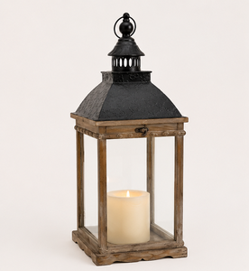 Vintage Rustic Wooden Candle <b>Lantern</b> with Matte <b>Black</b> Metal Top Farmhouse Decorative Glass Hurricane Lamp for Indoor Use - Product Image 4