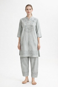 Conjunto de Dos Piezas de Viscosa Bordada para Mujer, Top y Pantalones Casuales con Cuello en V, Fabricante - Product Image 4