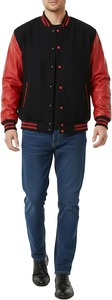 Men's Black <b>Red</b> Varsity <b>Jacket</b> PU Leather Sleeves Button Closure Turn-down Collar Casual Style Autumn Wear Regular Fit - Product Image 4