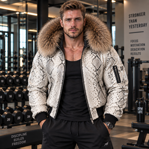 <b>Men's</b> High Quality Python Leather Biker Jacket Fox Fur Hood Designer Bomber <b>Coat</b> | Herren Lederjacke | Chaqueta Hombre Cuero - Product Image 3