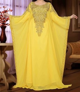 <b>Yellow</b> Embroidered Women Abaya <b>Plus</b> <b>Size</b> High Neck Regular Fit Modest <b>Dress</b> Extra Long Sleeve Polyester Middle East Style Casual - Product Image 1