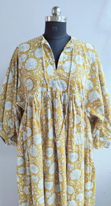 Vintage Yellow Floral Block Print Cotton Midi <b>Dress</b> with Puff Sleeves Tie-Neck <b>Loose</b> Fit Casual Summer <b>Dress</b> For Women - Product Image 5