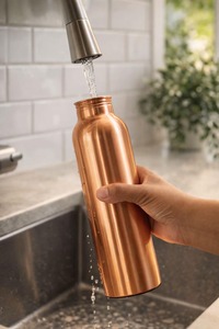 Hammered Copper Water Bottle with Screw Cap Copper Flask <b>Set</b> with Lid and Drinking <b>Cup</b> for Office - Product Image 4