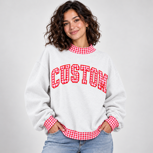 Sweat-shirt surdimensionné personnalisé avec broderie de lettres pour femme, col roulé, manches longues, bordure en gingham rouge, haut en coton tricoté pour l'automne - Product Image 1