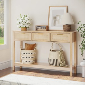 Table de canapé convertible moderne de style côtier avec miroir, détails en cannage et poignées dorées pour entrée et usage hôtelier - Product Image 1