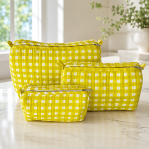 Premium Yellow Gingham 3 Piece Quilted <b>Makeup</b> Pouch Set Cotton Cosmetic Bags for Women Travel Toiletry Organizer Zipper <b>Cases</b> - Product Image 1