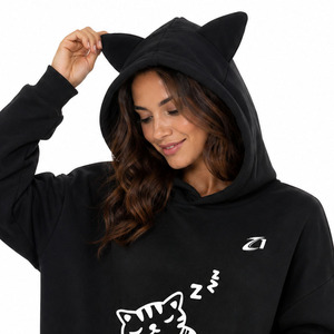 Sweat-shirt à capuche court rose pour femme, à oreilles de chat, décontracté, couleur unie, manches longues, 100% coton tricoté, pour l'automne, USA - Product Image 4