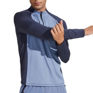 Chemise de performance pour homme à manches longues, col montant, blocs de couleur blanc et bleu, fermeture éclair quart de tour, anti-humidité, coupe ajustée, vêtement de sport - Product Image 4