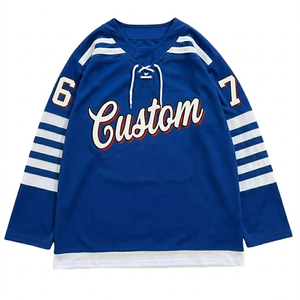 Maillot de hockey sur glace bleu personnalisé en gros pour hommes, uniforme de hockey à lacets, vêtements d'équipe brodés, maillot de sport respirant en polyester - Product Image 1