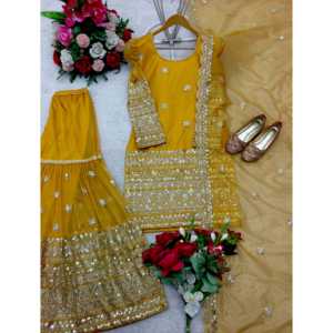 Elegante Conjunto de Sharara y Dupatta de Satén para Mujer, con Mangas Largas, para Fiestas, con Bordado y Lentejuelas - Product Image 6