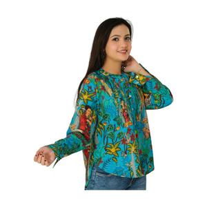 Blusa de Algodón Hecha a Mano para Mujer, Mangas Tres Cuartos, Estilo Boho, Decoración con Botones, Corte Holgado Informal, Blusa Tejida con Estampado Floral para Verano - Product Image 3