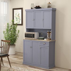 "Farmhouse <b>Kitchen</b> <b>Pantry</b> Storage Cabinet with Hutch 71" Gray Microwave Oven Countertop Adjustable Shelves" - Product Image 2