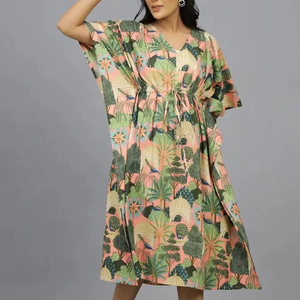 Caftán maxi de algodón con estampado de pavo real, hecho a mano en India, ligero, ideal para la playa, estilo bohemio, para mujer. - Product Image 1