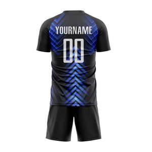 Ensemble de maillots de football personnalisés sublimés pour hommes, noir et bleu, col rond, manches courtes, évacuation de l'humidité, 100% polyester, coupe athlétique - Product Image 2