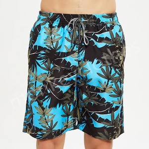 Shorts de Baño para Hombre, Estampados, de Secado Rápido, con Cordón en la Cintura, Casuales, Azul y Negro, con Estampado de Palmeras, Corte Medio - Product Image 1