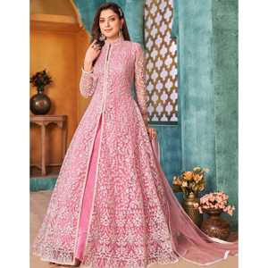 Vestido Anarkali con Estampado Floral de Diseñador, con Cordones y Lentejuelas, Pantalón y Dupatta, Diseño con Cierre de Cremallera en la Espalda - Product Image 2