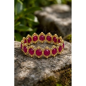 Gold Plated <b>Ruby</b> Quartz <b>Eternity</b> <b>Ring</b> Round Bezel Set Gemstone Band with Granulation Ball Design Vintage Women Jewelry - Product Image 1