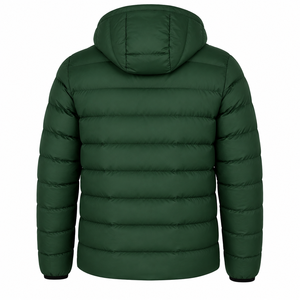 Manteau d'hiver pour homme en duvet vert foncé à capuche, coupe classique, imperméable, décontracté, couleur unie, polyester, fermeture éclair - Product Image 2