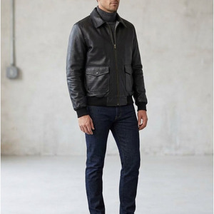 Custom Logo Men's Black Genuine Leather Bomber <b>Jacket</b> Premium Cowhide Ribbed Cuffs Flap Pockets Classic <b>Pilot</b> Leather Coat - Product Image 4