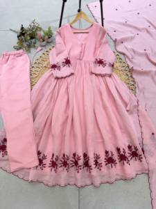 Designer Embroidery And Sequence Pipe Work Mul Chanderi <b>Gown</b> With Bottom And Dupatta Fully Stitched Ready To Wear Set - Product Image 5