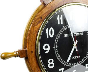 Natural Wood Nautical Ship Wheel <b>Wall</b> <b>Clock</b> with Black Dial | Vintage Marine Style <b>Wall</b> <b>Decor</b> - Product Image 2