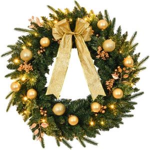 24in Pre-Lit <b>Battery</b> <b>Powered</b> Artificial Christmas Wreath 50 Warm <b>Lights</b> 120 PVC Tips Remote Lighted Xmas Wreath for Front Door - Product Image 3