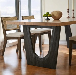 Ensemble de salle à manger en bois de style moderne du milieu du siècle, table rectangulaire avec chaises à dossier en rotin, ensemble de 7 pièces pour usage en ferme et en hôtel - Product Image 6