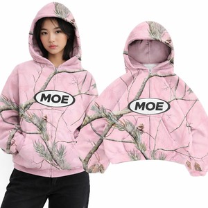 Sweat à capuche tendance personnalisé rose camouflage Y2K, coupe ample, en molleton bouclette épais, style streetwear, vente en gros - Product Image 4