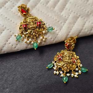 Vintage Gold Plated <b>Pearl</b> <b>Diamond</b> Drop <b>Earrings</b>-Ethnic Flower Chandbali with Oxidized Polish Nova Mart Brand for Wedding Gift - Product Image 3