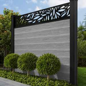 Modern Garden Privacy Fence With Grey Wood Panel Black <b>Leaf</b> Cutout Top Outdoor Boundary Wall Decorative <b>Screen</b> Furniture - Product Image 6