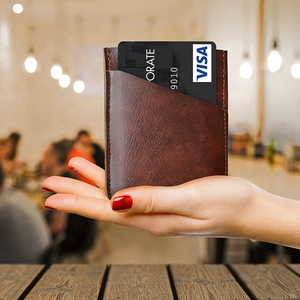 Minimalist Genuine Leather <b>Card</b> Holder Slim Wallet for Credit <b>Cards</b> 4 Inch Brown No Closure PU leather <b>card</b> case - Product Image 4