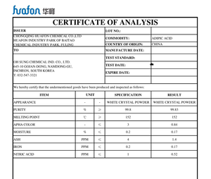 Ácido Adípico (Huali) Grado Industrial 99.8% de Pureza Polvo Cristalino Blanco AA-01 CAS No. 124-04-9 Número EINECS 204-673-3 para Nylon - Product Image 5