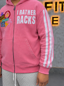 Sweat à capuche rose zippé pour homme, coupe oversize, style streetwear, en molleton, avec logo frontal et patchwork, manches classiques, pour l'automne - Product Image 3