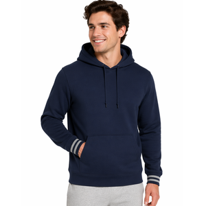 Sudadera con capucha azul marino personalizada para hombre con detalle de puño a rayas, al por mayor, estilo urbano, con bolsillo canguro - Product Image 1