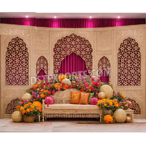 ฉากหลังงานแต่งงานแบบหรูหราพร้อมกรอบไม้ลายจาลี ปรับแต่งได้ตามต้องการสำหรับงานมุสลิม ซูฟี ไนท์สเตจ  ตกแต่งงานเมห์นดีสไตล์โมกุฎราชวงศ์ - Product Image 1