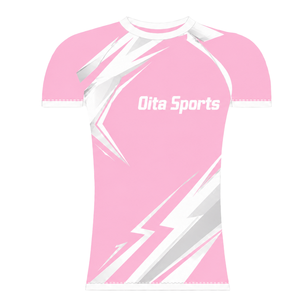 Camiseta Deportiva de Manga Corta Rosa Claro y Blanca con Cuello Redondo y Gráfico de Rayo, Compresión Atlética para Entrenamiento de Alto Rendimiento - Product Image 1