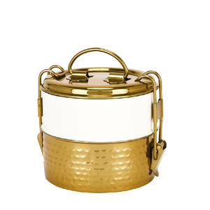 Yellow and red brass tiffin <b>box</b>, 3 tier floral vintage <b>lunch</b> <b>box</b>, traditional leaf motif food carrier, at wholesale prices. - Product Image 2