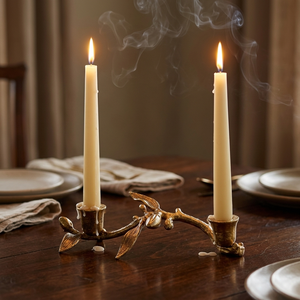 Exquisite Gold Botanical Taper Holder Features A Textured <b>Vine</b> Branch Design With Delicate <b>Leaves</b> And Two Detailed Candle Cups - Product Image 5