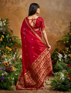 KV Women's Cotton Blend <b>Red</b> Woven Designer <b>Saree</b> With Unstitched Blouse - Product Image 6