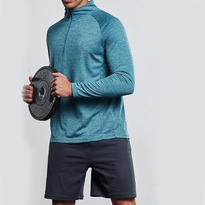 Pull à col zippé 1/4 bleu uni pour homme, manches longues, tricoté, séchage rapide, respirant, haut de sport, à porter au printemps, en été et en automne - Product Image 2