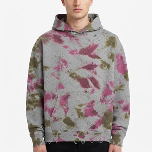 Sudadera con capucha oversize para hombre, tie-dye, con efecto desgastado, dobladillo sin rematar, bolsillo canguro, 100% algodón - Product Image 3
