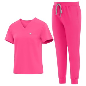 Conjunto de Uniforme Médico para Mujer, Color Rosa, Top con Cuello en V y Bolsillo, Pantalones Jogger, Tejido de Algodón y Poliéster - Product Image 1