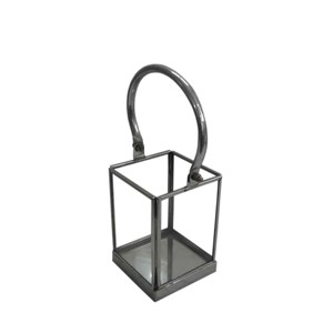 Lanterne à bougie en métal argenté, motif grillagé à lattes, poignée en forme d'arche ronde, dessus ouvert, cadre carré en fer, décoration de centre de table - Product Image 6