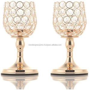 Portavelas de Cristal con Cuentas de Primera Calidad – Elegante Par de Copas Doradas para Banquete - Product Image 1