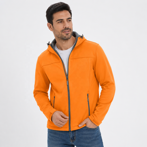 <b>Men's</b> Orange Hooded Fleece <b>Jacket</b> Zipper Closure Casual Windproof Autumn Wear Regular Fit <b>Long</b> Sleeve Solid Color Polyester - Product Image 1