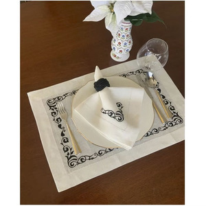 Custom Wholesale Luxury Embroidered Black Floral <b>Placemats</b> Napkins Sets White Linen Trays Thin Washable Reusable Home - Product Image 4