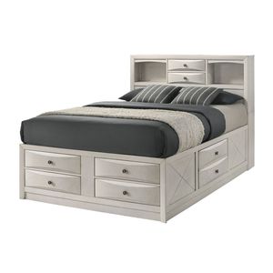 <b>Queen</b> <b>Bed</b> Frame <b>with</b> Integrated <b>Storage</b> Drawers and Compartments 1pc Neutral White Finish Up-Holstered <b>Bed</b> - Product Image 2