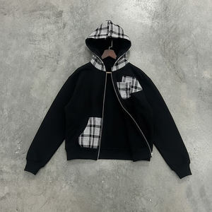 Sudadera con capucha y cremallera para hombre, estilo casual, de forro polar, con diseño de patchwork a cuadros negros, corte regular, estilo otoño 2026, venta al por mayor - Product Image 5